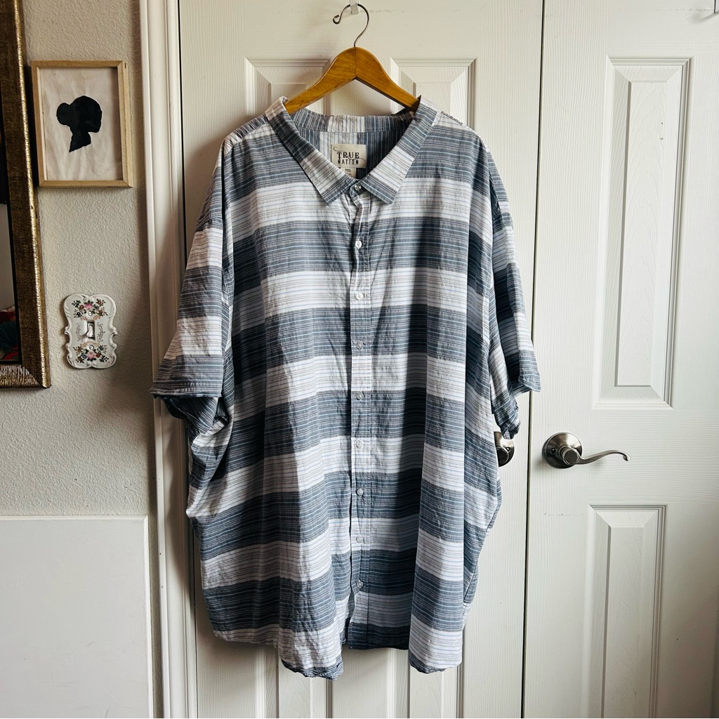 Blue & White Short Sleeve Button Down Wide Striped Shirt